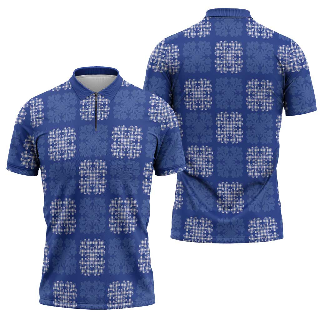 Royal Blue Palaka Quilt Hawaii Zipper Polo Shirt Traditional Hawaii-plaid Pattern - Polynesian Pride