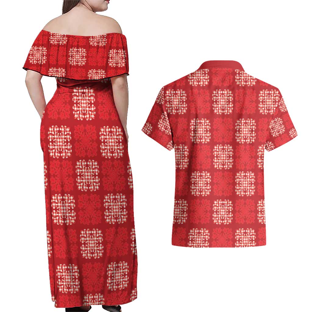 Red Palaka Quilt Hawaii Couples Matching Off Shoulder Maxi Dress and Hawaiian Shirt Traditional Hawaii-plaid Pattern - Polynesian Pride
