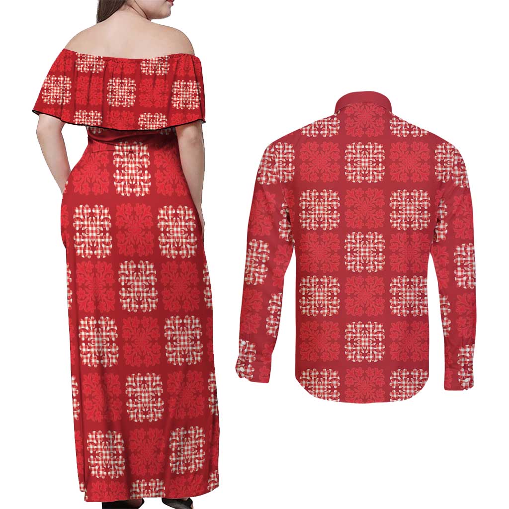 Red Palaka Quilt Hawaii Couples Matching Off Shoulder Maxi Dress and Long Sleeve Button Shirt Traditional Hawaii-plaid Pattern - Polynesian Pride
