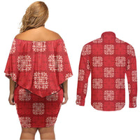 Red Palaka Quilt Hawaii Couples Matching Off Shoulder Short Dress and Long Sleeve Button Shirt Traditional Hawaii-plaid Pattern - Polynesian Pride