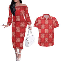 Red Palaka Quilt Hawaii Couples Matching Off The Shoulder Long Sleeve Dress and Hawaiian Shirt Traditional Hawaii-plaid Pattern - Polynesian Pride