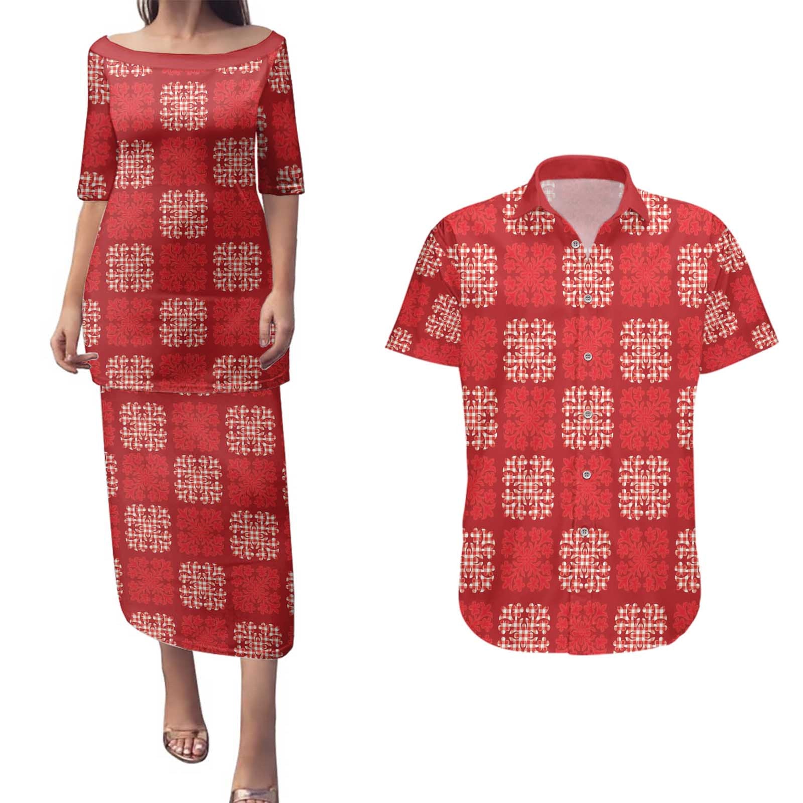 Red Palaka Quilt Hawaii Couples Matching Puletasi and Hawaiian Shirt Traditional Hawaii-plaid Pattern LT14 Red - Polynesian Pride