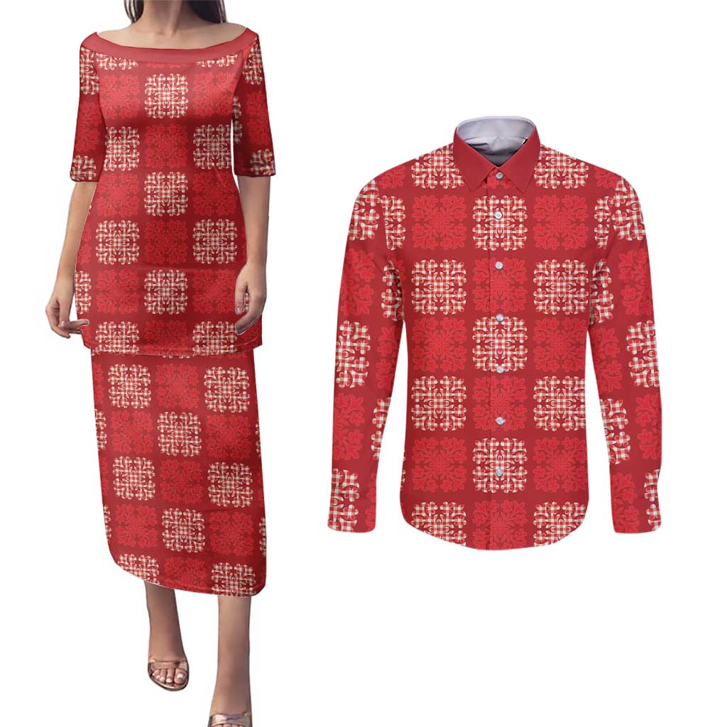 Red Palaka Quilt Hawaii Couples Matching Puletasi and Long Sleeve Button Shirt Traditional Hawaii-plaid Pattern LT14 Red - Polynesian Pride