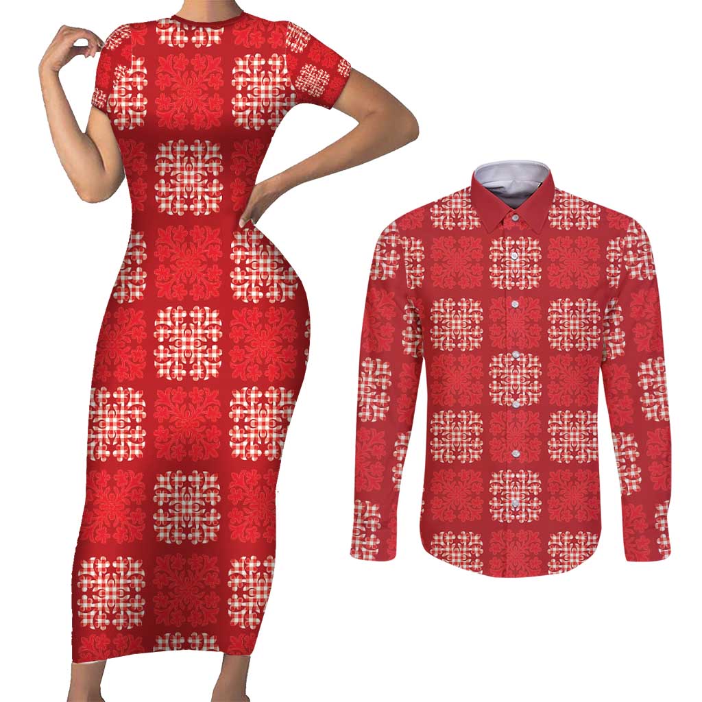Red Palaka Quilt Hawaii Couples Matching Short Sleeve Bodycon Dress and Long Sleeve Button Shirt Traditional Hawaii-plaid Pattern - Polynesian Pride