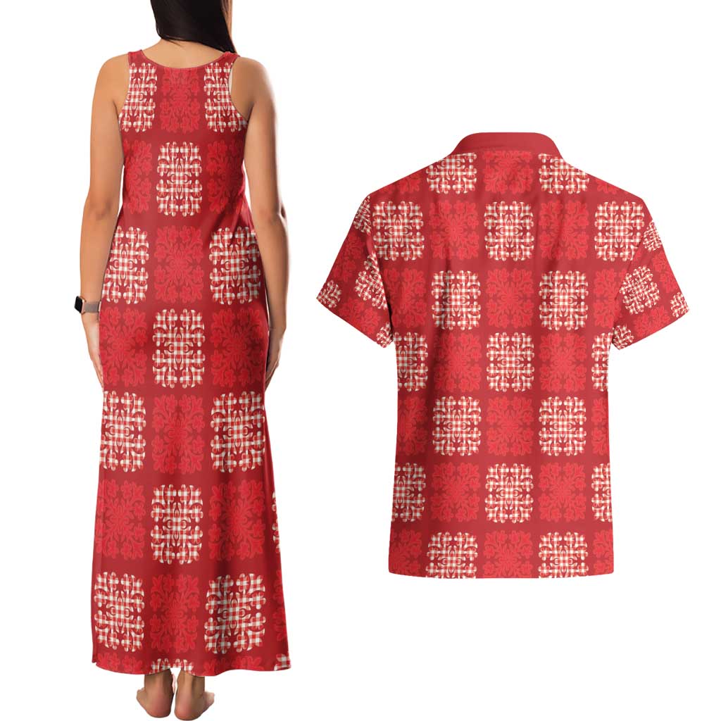 Red Palaka Quilt Hawaii Couples Matching Tank Maxi Dress and Hawaiian Shirt Traditional Hawaii-plaid Pattern - Polynesian Pride