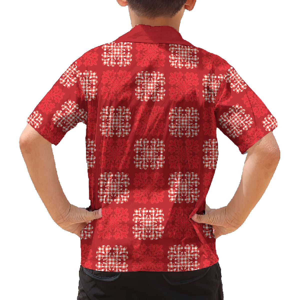 Red Palaka Quilt Hawaii Family Matching Off The Shoulder Long Sleeve Dress and Hawaiian Shirt Traditional Hawaii-plaid Pattern - Polynesian Pride