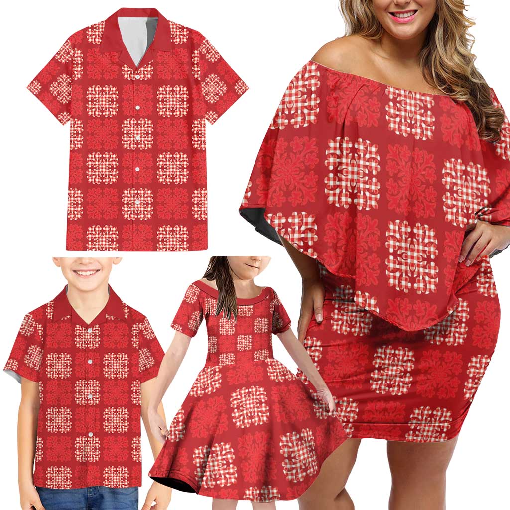 Red Palaka Quilt Hawaii Family Matching Off Shoulder Short Dress and Hawaiian Shirt Traditional Hawaii-plaid Pattern - Polynesian Pride