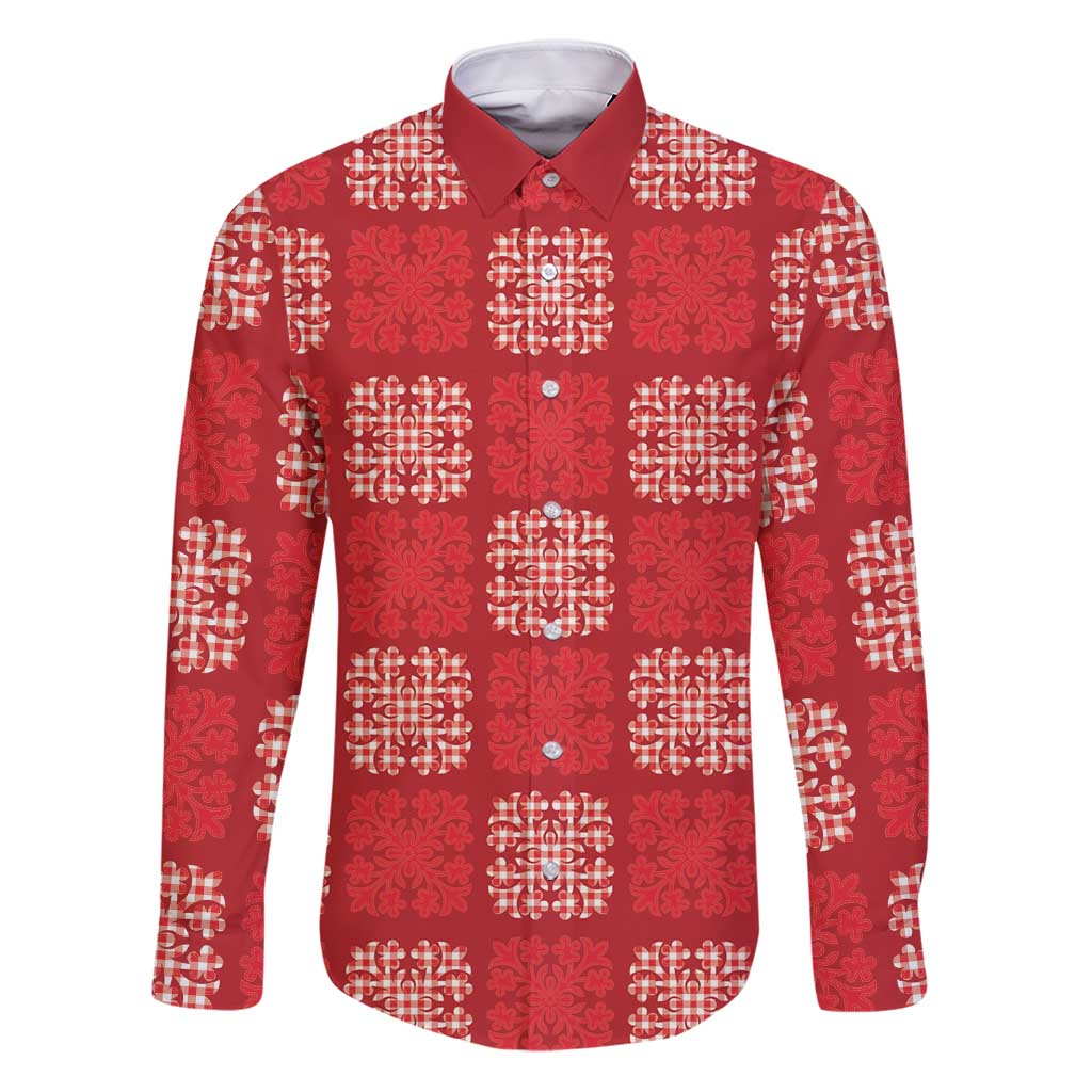 Red Palaka Quilt Hawaii Family Matching Puletasi and Hawaiian Shirt Traditional Hawaii-plaid Pattern LT14 Dad's Shirt - Long Sleeve Red - Polynesian Pride