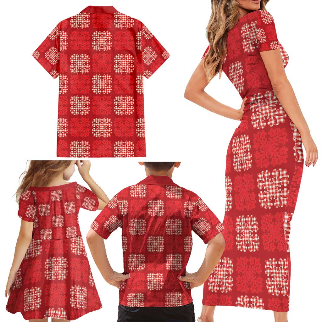Red Palaka Quilt Hawaii Family Matching Short Sleeve Bodycon Dress and Hawaiian Shirt Traditional Hawaii-plaid Pattern - Polynesian Pride