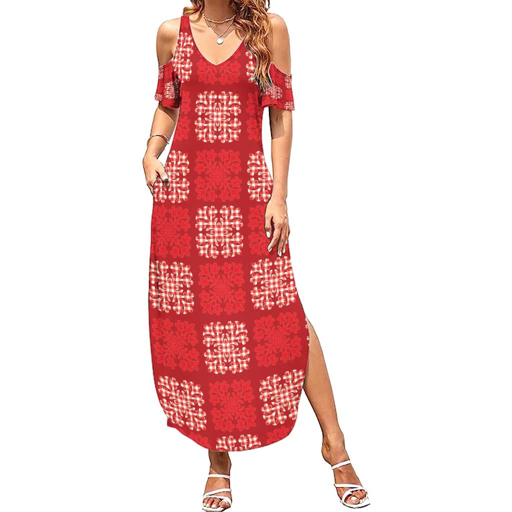 Red Palaka Quilt Hawaii Family Matching Summer Maxi Dress and Hawaiian Shirt Traditional Hawaii-plaid Pattern - Polynesian Pride