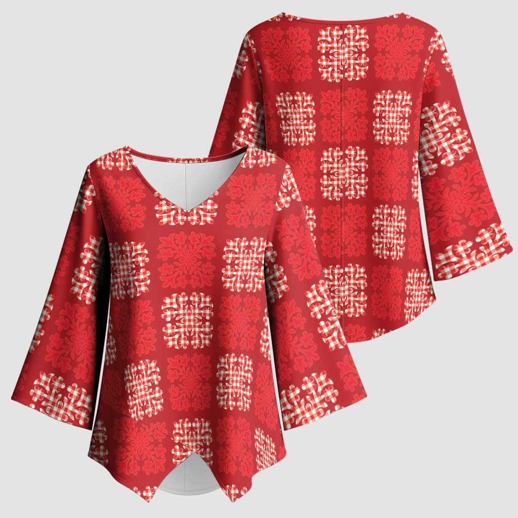 Red Palaka Quilt Hawaii Kimono Sleeve Blouse Traditional Hawaii-plaid Pattern - Polynesian Pride