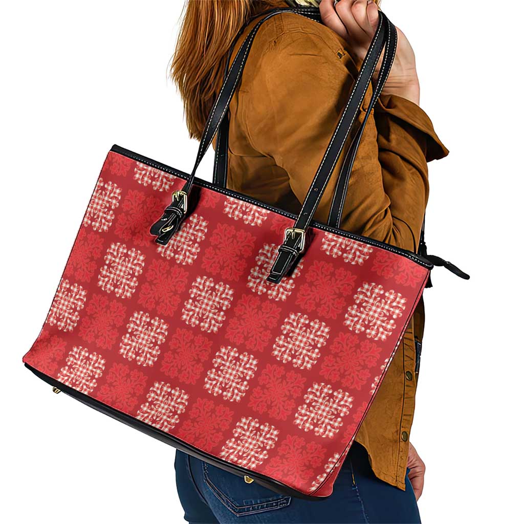 Red Palaka Quilt Hawaii Leather Tote Bag Traditional Hawaii-plaid Pattern - Polynesian Pride