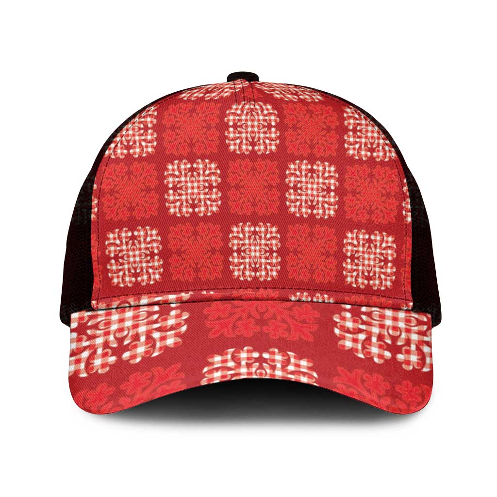 Red Palaka Quilt Hawaii Mesh Trucker Cap Traditional Hawaii-plaid Pattern - Polynesian Pride