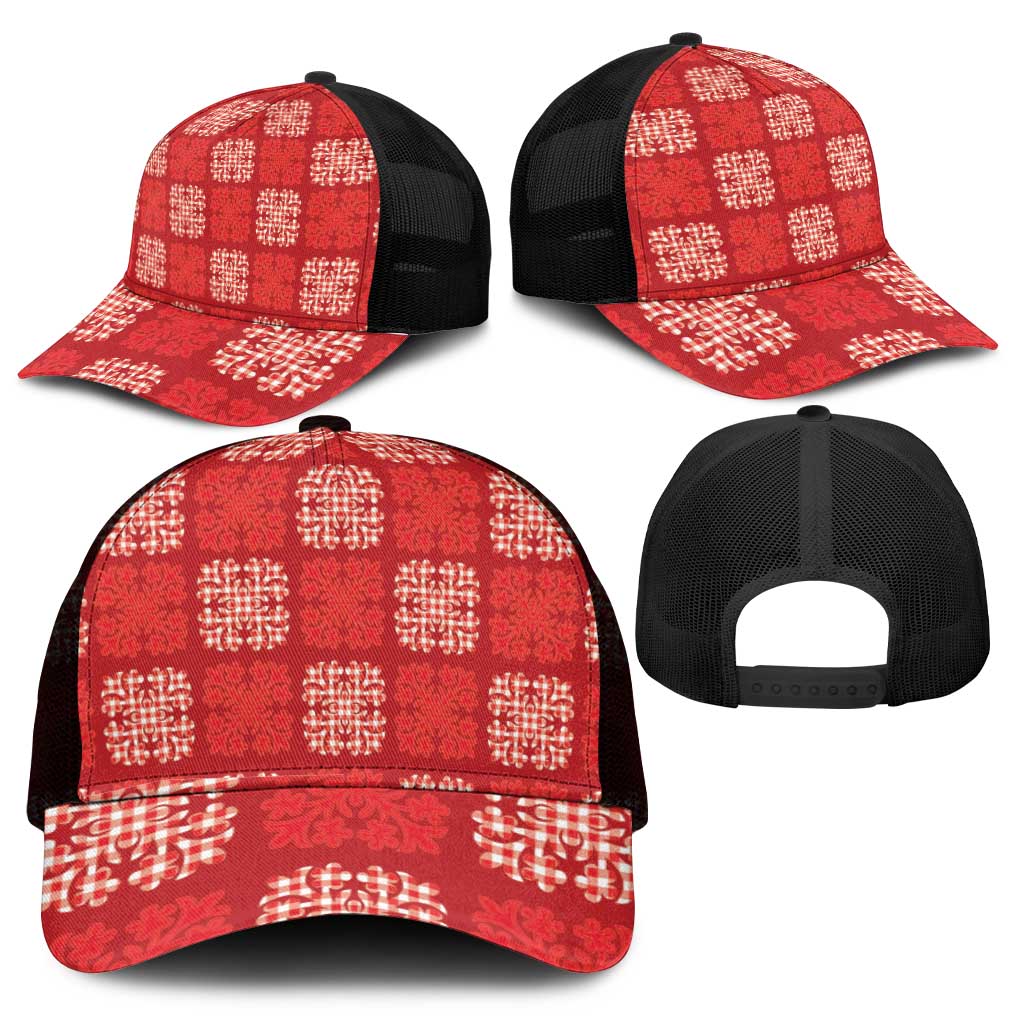Red Palaka Quilt Hawaii Mesh Trucker Cap Traditional Hawaii-plaid Pattern - Polynesian Pride