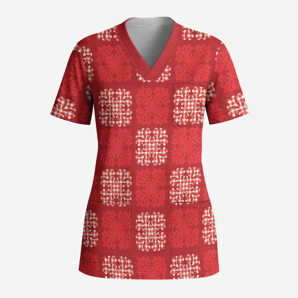 Red Palaka Quilt Hawaii Scrub Top Traditional Hawaii-plaid Pattern - Polynesian Pride
