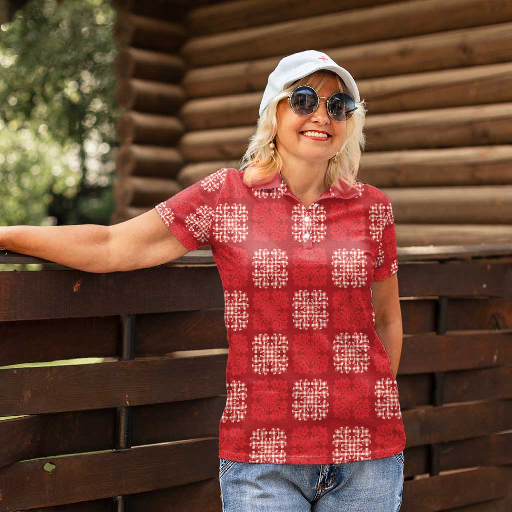 Red Palaka Quilt Hawaii Women Polo Shirt Traditional Hawaii-plaid Pattern - Polynesian Pride