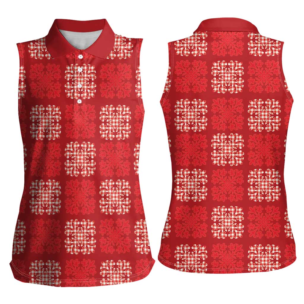 Red Palaka Quilt Hawaii Women Sleeveless Polo Shirt Traditional Hawaii-plaid Pattern - Polynesian Pride