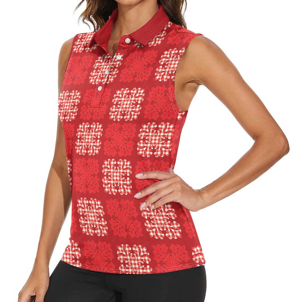 Red Palaka Quilt Hawaii Women Sleeveless Polo Shirt Traditional Hawaii-plaid Pattern - Polynesian Pride