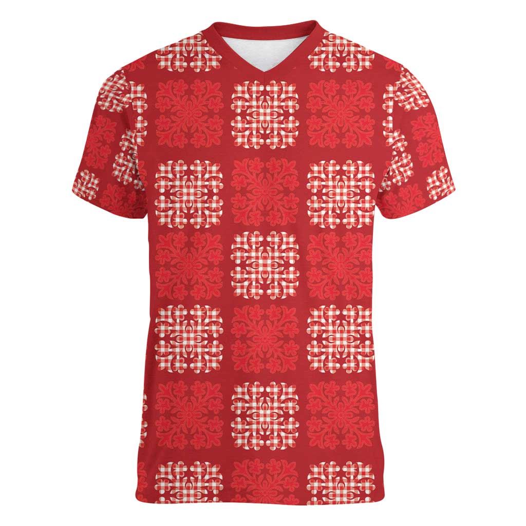 Red Palaka Quilt Hawaii Women V-Neck T-Shirt Traditional Hawaii-plaid Pattern LT14 Female Red - Polynesian Pride