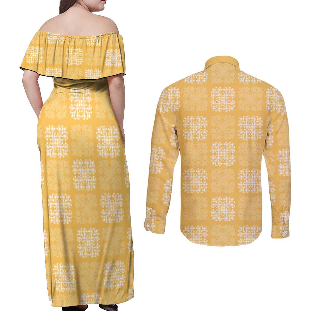 Yellow Palaka Quilt Hawaii Couples Matching Off Shoulder Maxi Dress and Long Sleeve Button Shirt Traditional Hawaii-plaid Pattern - Polynesian Pride
