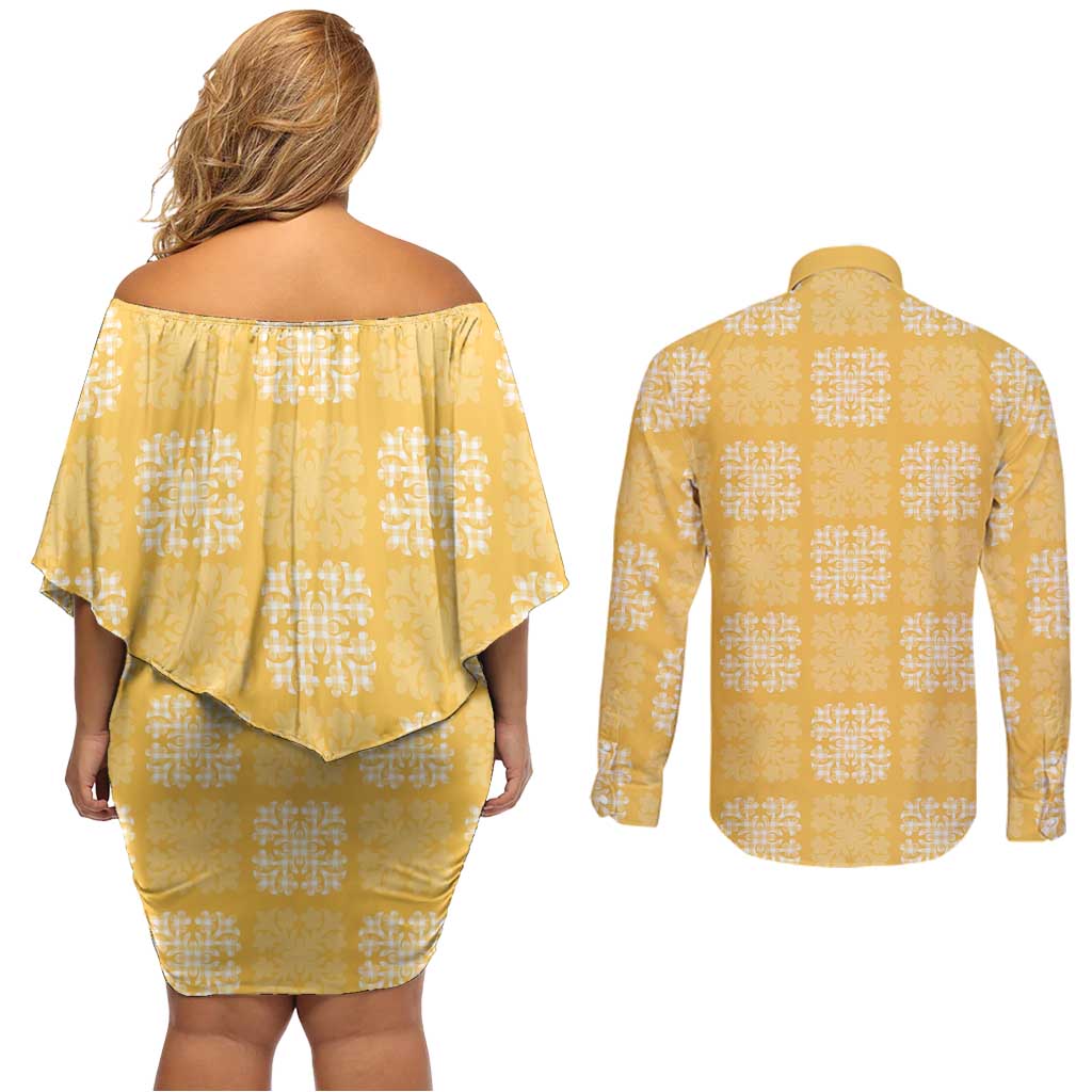 Yellow Palaka Quilt Hawaii Couples Matching Off Shoulder Short Dress and Long Sleeve Button Shirt Traditional Hawaii-plaid Pattern - Polynesian Pride