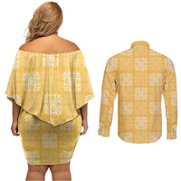 Yellow Palaka Quilt Hawaii Couples Matching Off Shoulder Short Dress and Long Sleeve Button Shirt Traditional Hawaii-plaid Pattern - Polynesian Pride