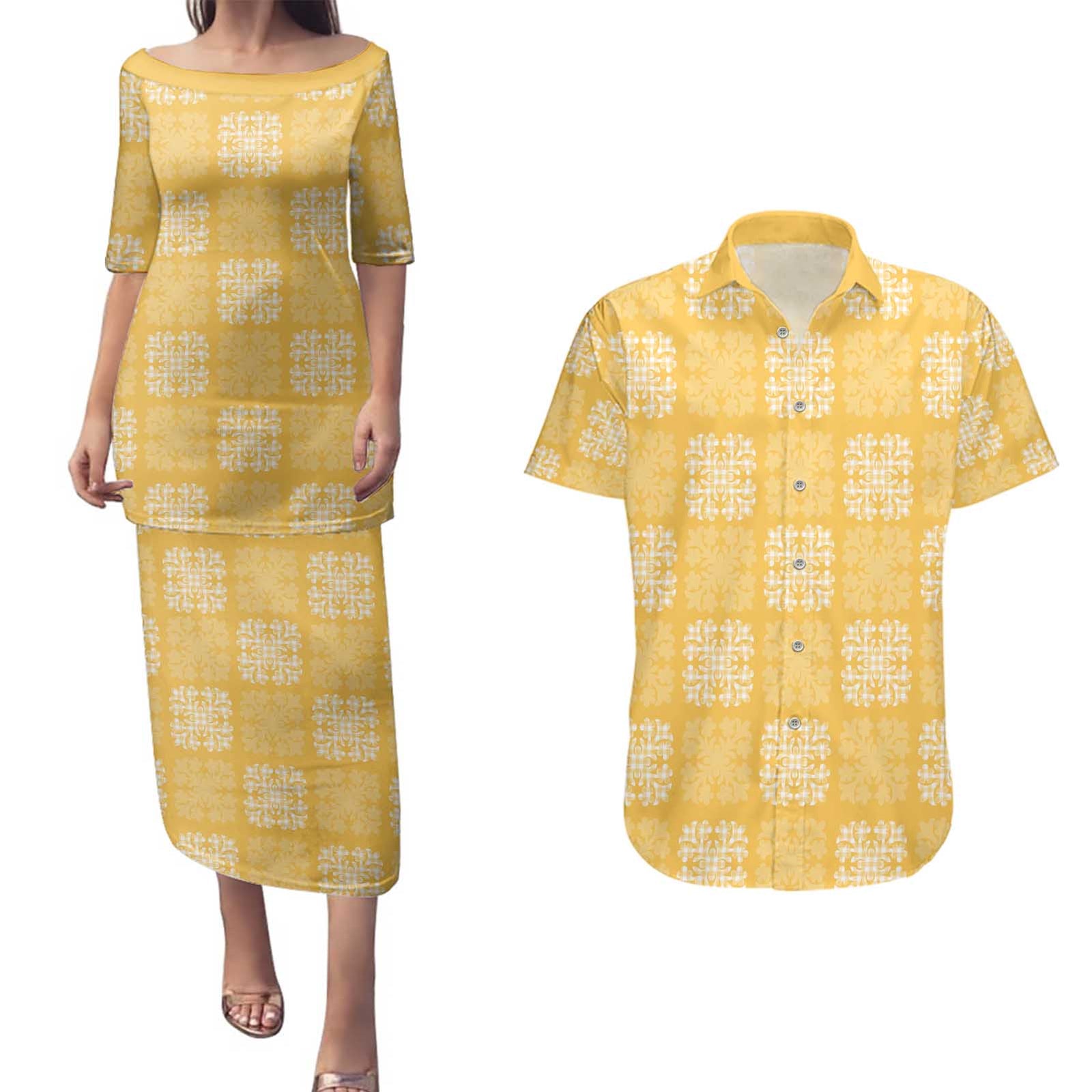 Yellow Palaka Quilt Hawaii Couples Matching Puletasi and Hawaiian Shirt Traditional Hawaii-plaid Pattern LT14 Yellow - Polynesian Pride