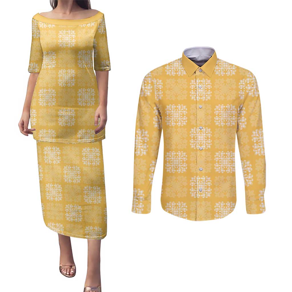 Yellow Palaka Quilt Hawaii Couples Matching Puletasi and Long Sleeve Button Shirt Traditional Hawaii-plaid Pattern LT14 Yellow - Polynesian Pride