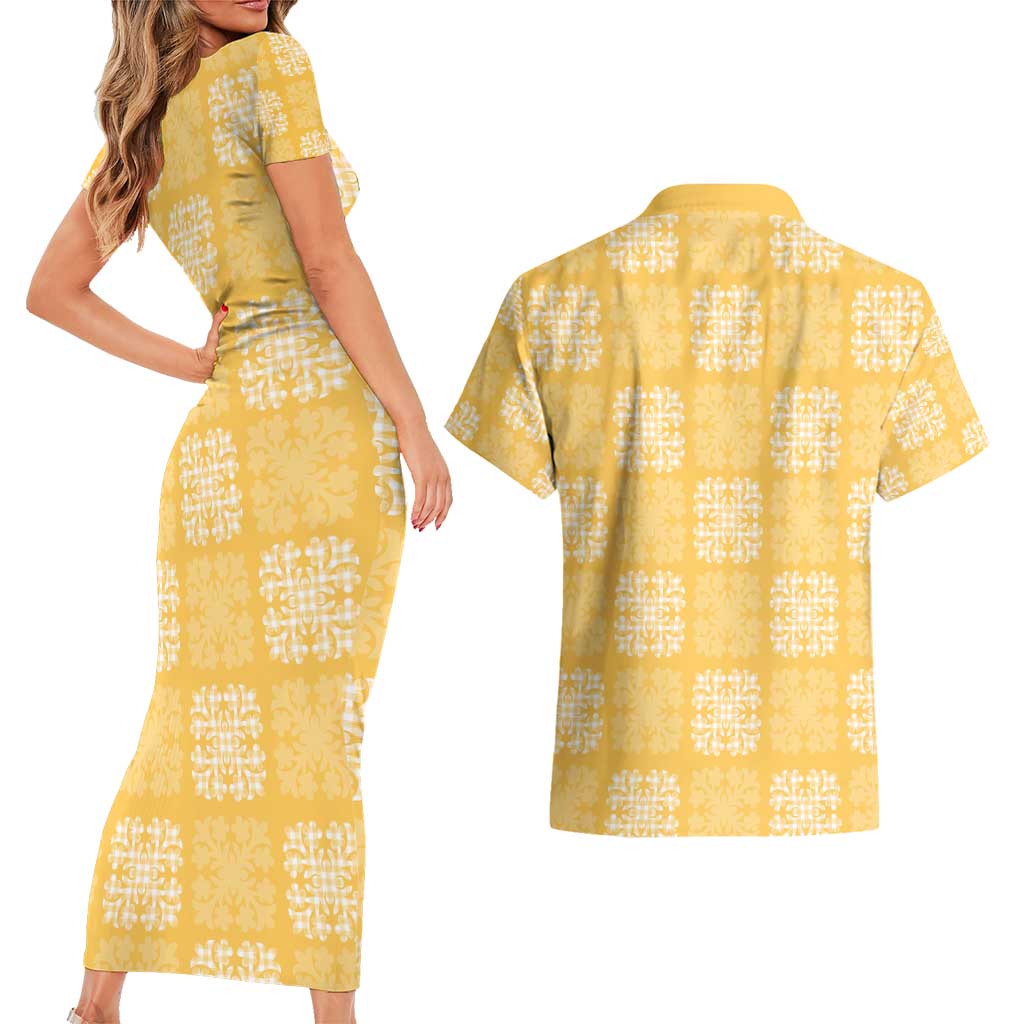 Yellow Palaka Quilt Hawaii Couples Matching Short Sleeve Bodycon Dress and Hawaiian Shirt Traditional Hawaii-plaid Pattern - Polynesian Pride