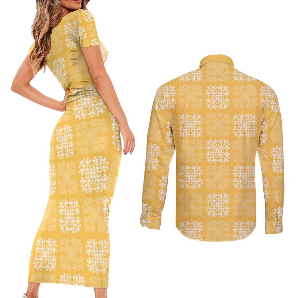 Yellow Palaka Quilt Hawaii Couples Matching Short Sleeve Bodycon Dress and Long Sleeve Button Shirt Traditional Hawaii-plaid Pattern - Polynesian Pride