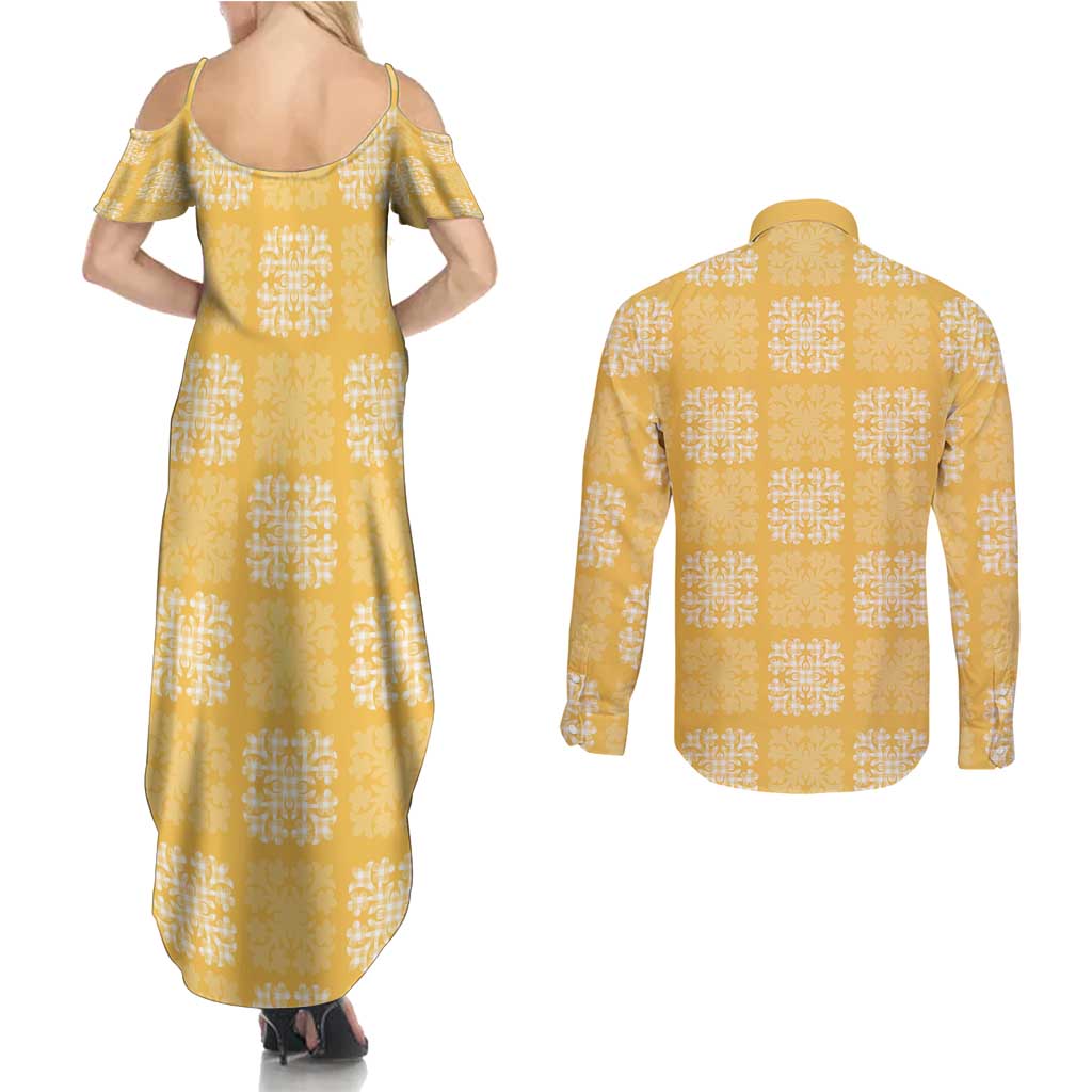 Yellow Palaka Quilt Hawaii Couples Matching Summer Maxi Dress and Long Sleeve Button Shirt Traditional Hawaii-plaid Pattern - Polynesian Pride