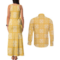 Yellow Palaka Quilt Hawaii Couples Matching Tank Maxi Dress and Long Sleeve Button Shirt Traditional Hawaii-plaid Pattern - Polynesian Pride