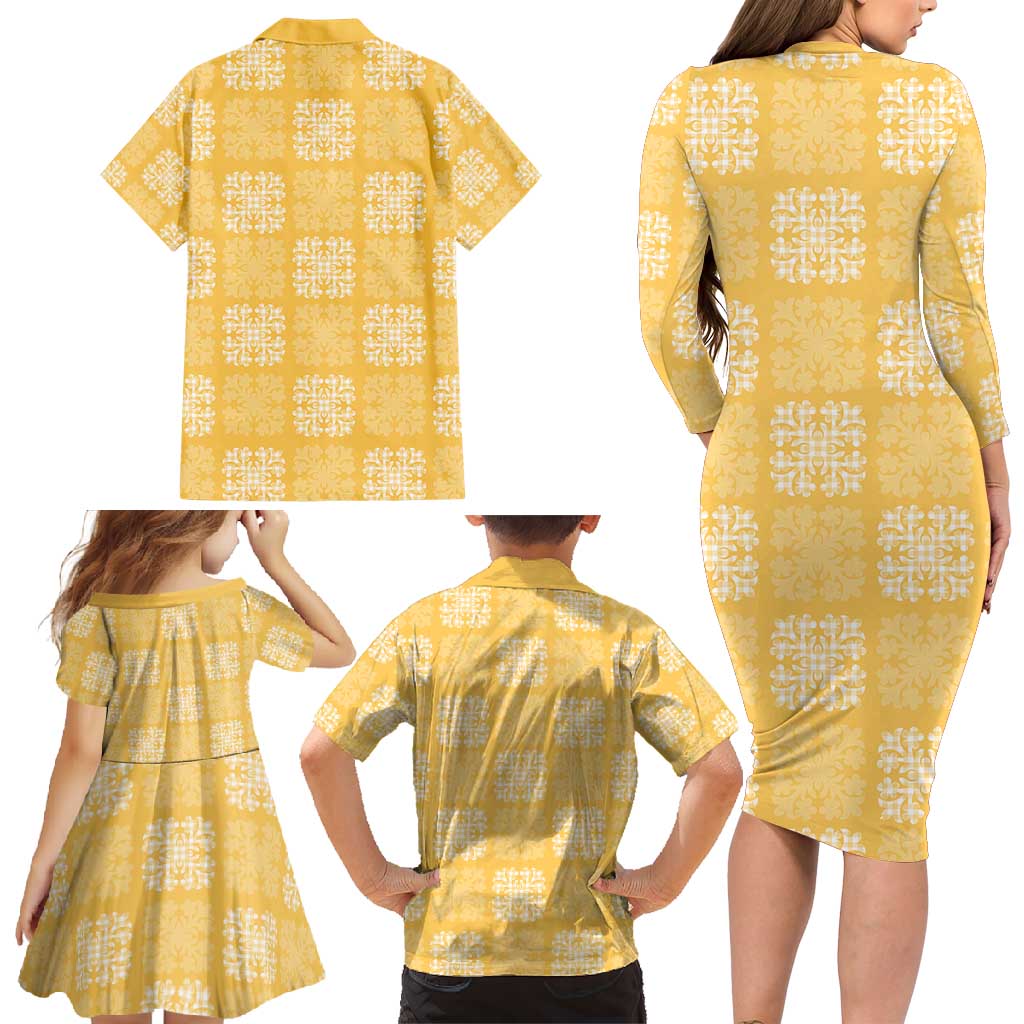 Yellow Palaka Quilt Hawaii Family Matching Long Sleeve Bodycon Dress and Hawaiian Shirt Traditional Hawaii-plaid Pattern - Polynesian Pride