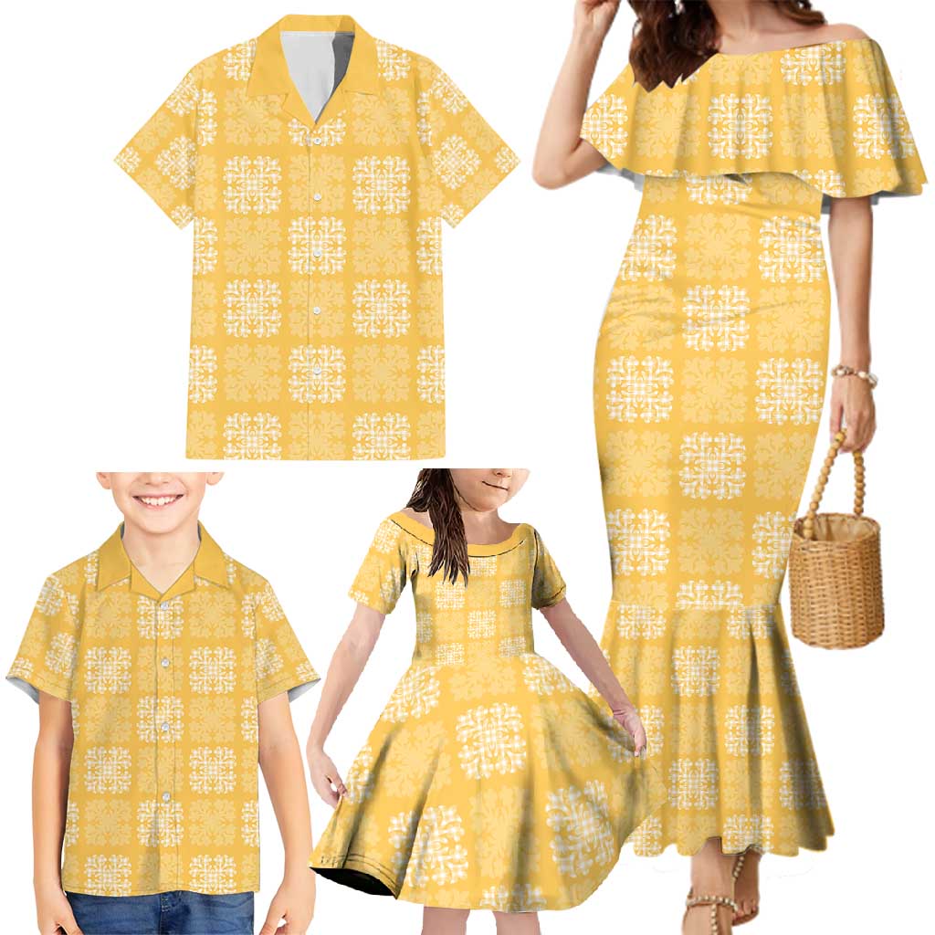 Yellow Palaka Quilt Hawaii Family Matching Mermaid Dress and Hawaiian Shirt Traditional Hawaii-plaid Pattern - Polynesian Pride