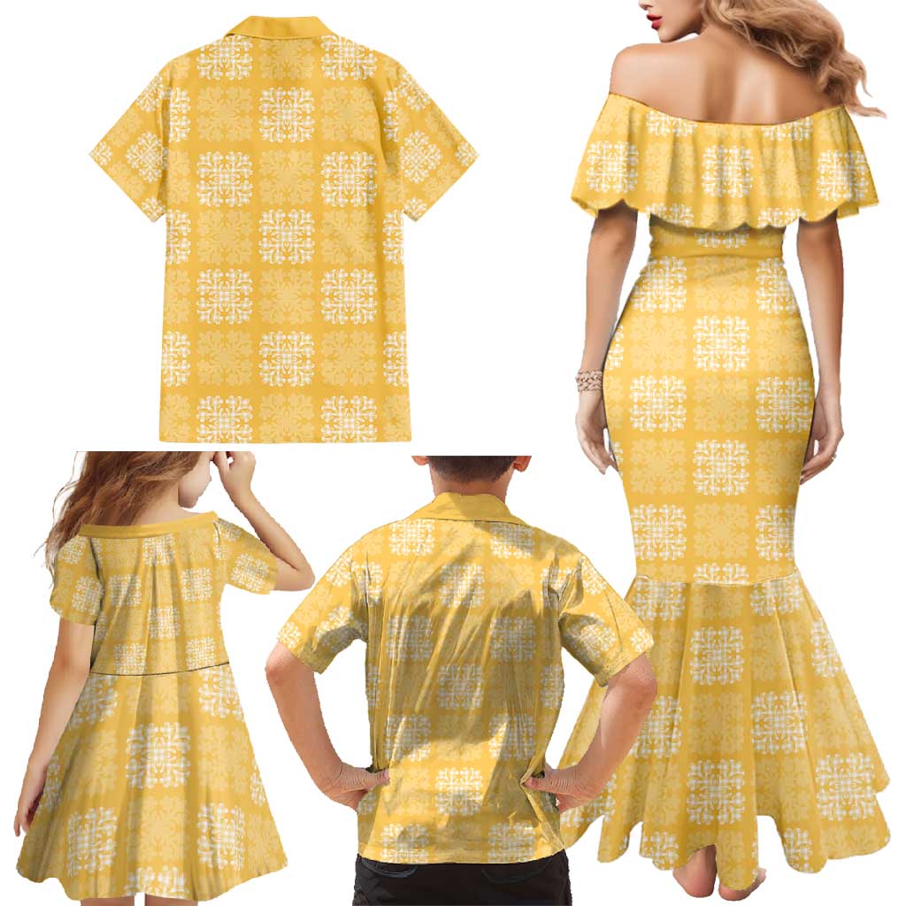 Yellow Palaka Quilt Hawaii Family Matching Mermaid Dress and Hawaiian Shirt Traditional Hawaii-plaid Pattern - Polynesian Pride