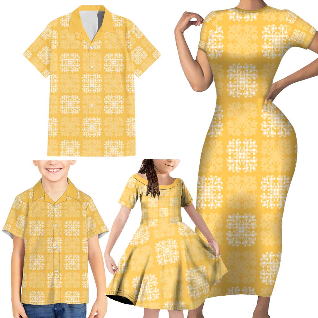 Yellow Palaka Quilt Hawaii Family Matching Short Sleeve Bodycon Dress and Hawaiian Shirt Traditional Hawaii-plaid Pattern - Polynesian Pride