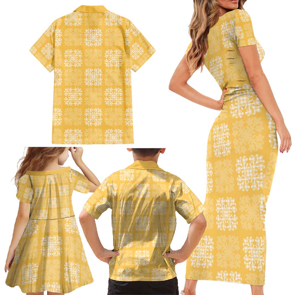 Yellow Palaka Quilt Hawaii Family Matching Short Sleeve Bodycon Dress and Hawaiian Shirt Traditional Hawaii-plaid Pattern - Polynesian Pride