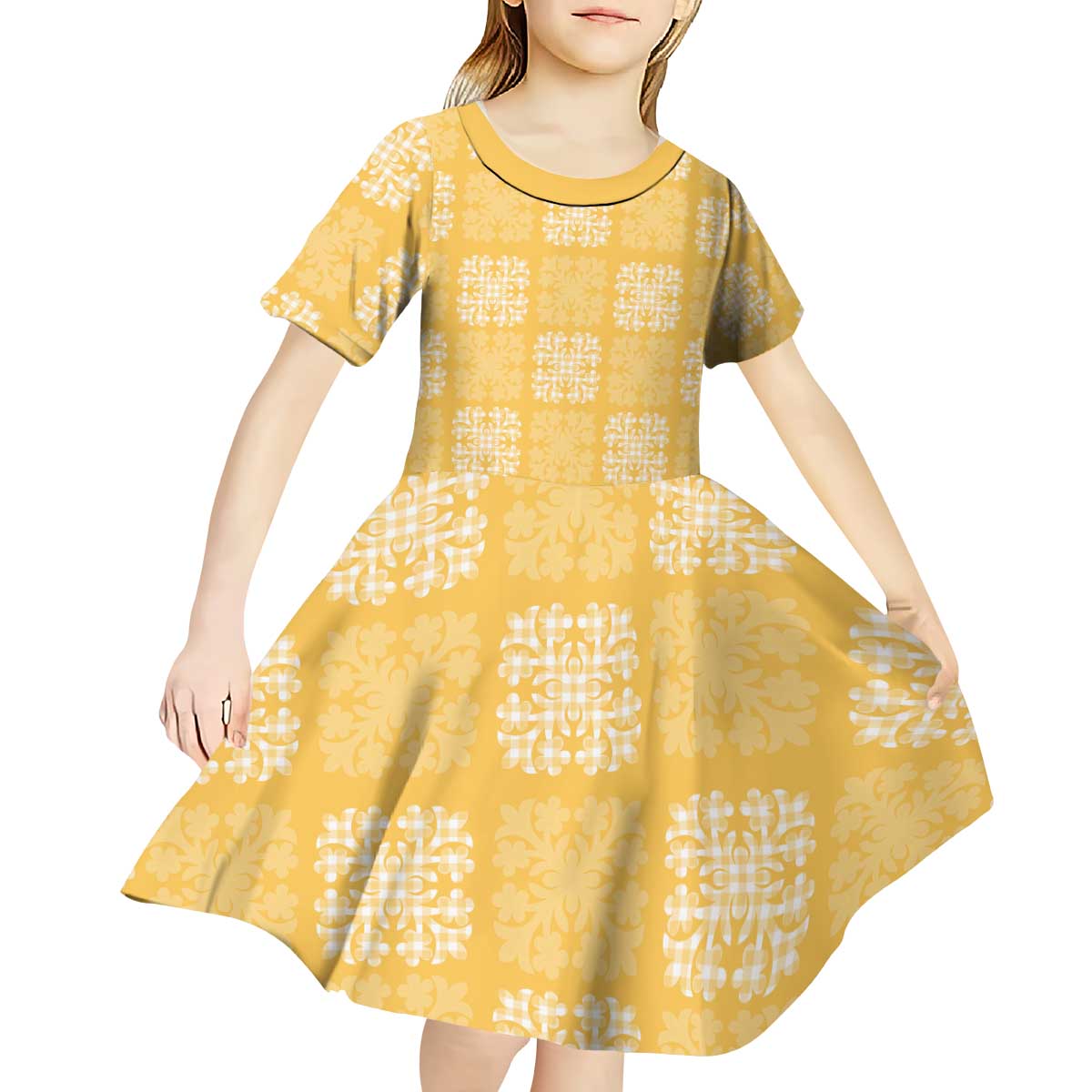 Yellow Palaka Quilt Hawaii Kid Short Sleeve Dress Traditional Hawaii-plaid Pattern - Polynesian Pride
