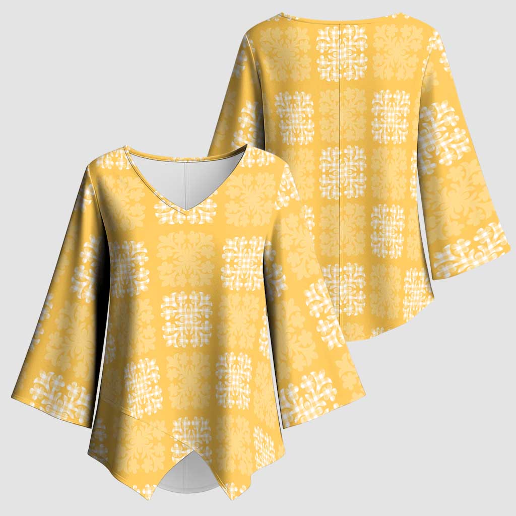 Yellow Palaka Quilt Hawaii Kimono Sleeve Blouse Traditional Hawaii-plaid Pattern - Polynesian Pride