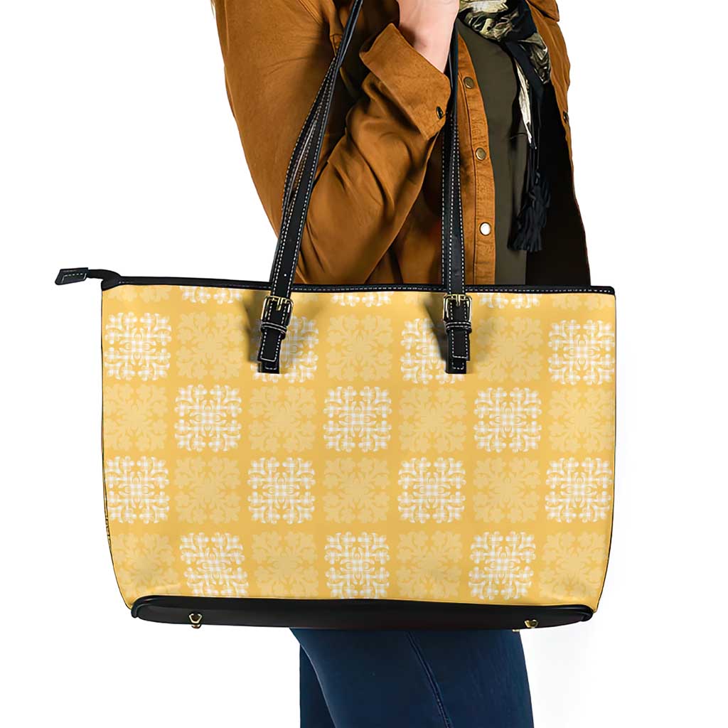Yellow Palaka Quilt Hawaii Leather Tote Bag Traditional Hawaii-plaid Pattern - Polynesian Pride