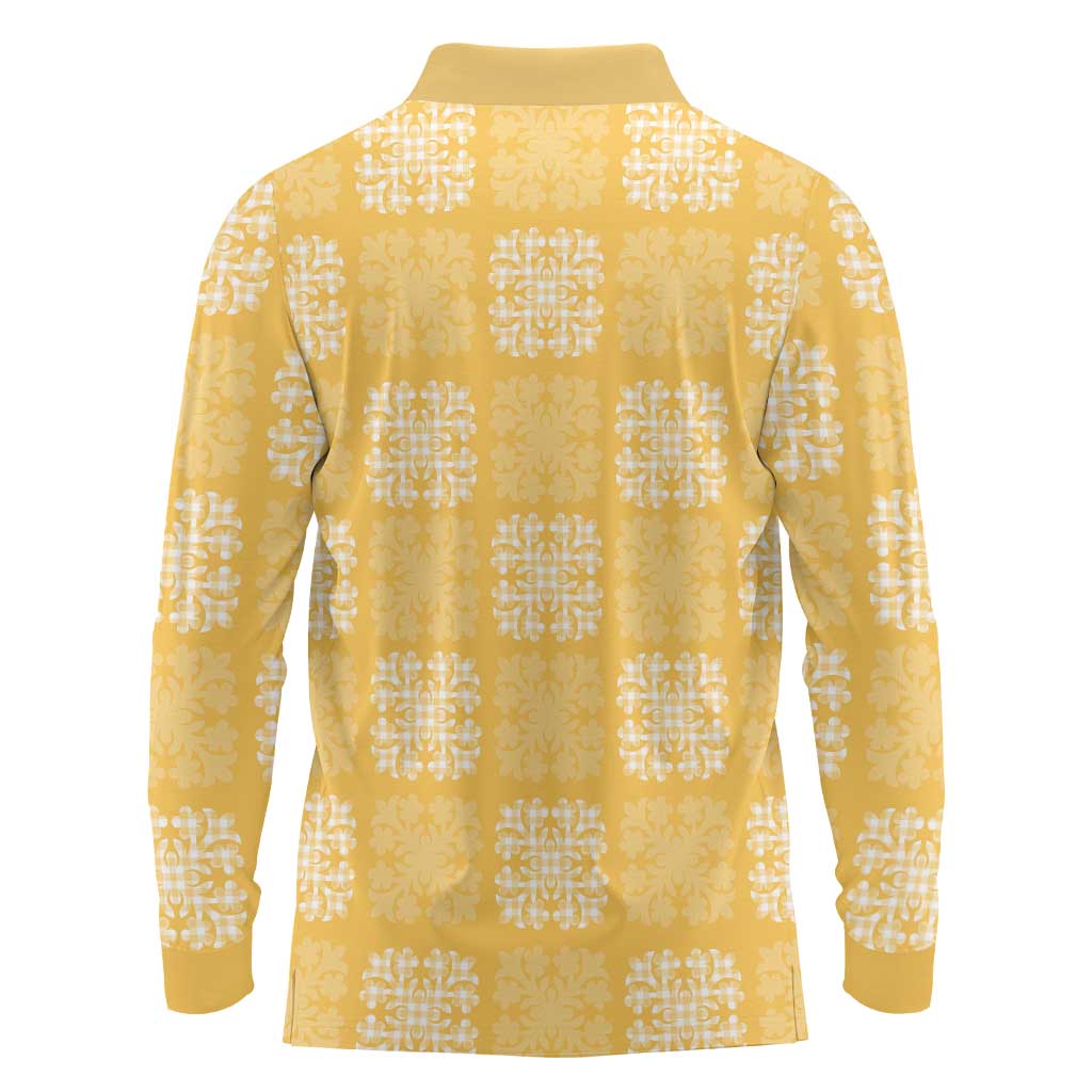 Yellow Palaka Quilt Hawaii Long Sleeve Polo Shirt Traditional Hawaii-plaid Pattern - Polynesian Pride