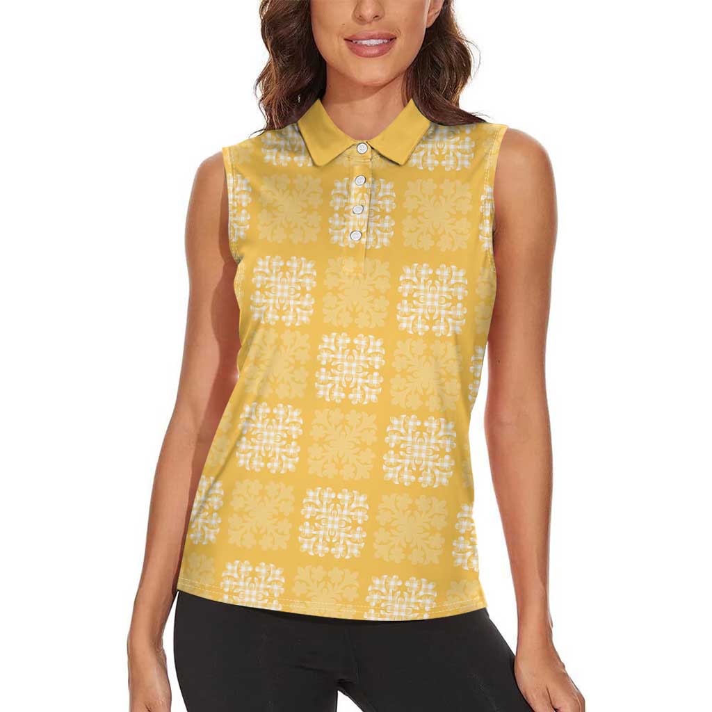 Yellow Palaka Quilt Hawaii Women Sleeveless Polo Shirt Traditional Hawaii-plaid Pattern - Polynesian Pride