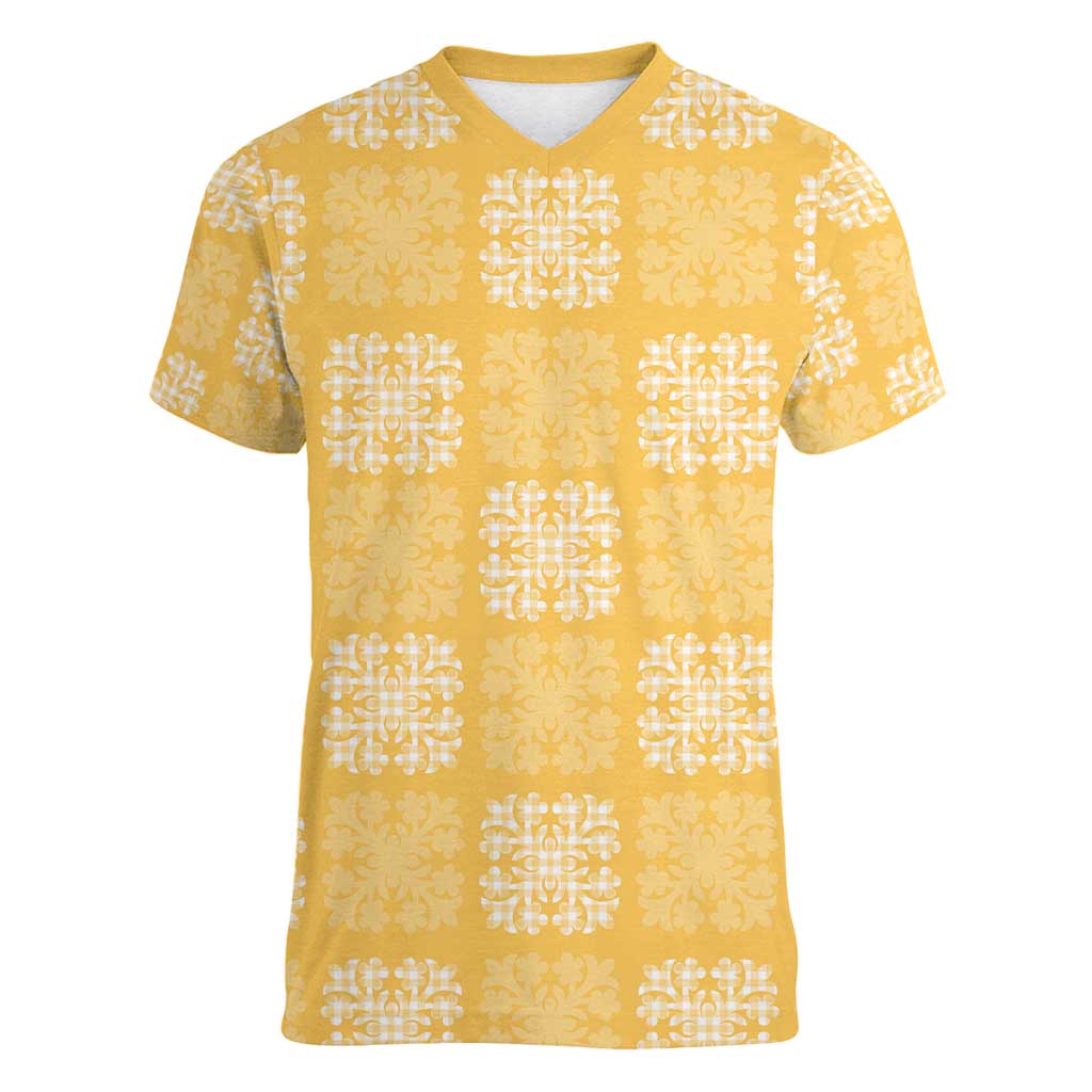 Yellow Palaka Quilt Hawaii Women V-Neck T-Shirt Traditional Hawaii-plaid Pattern LT14 Female Yellow - Polynesian Pride
