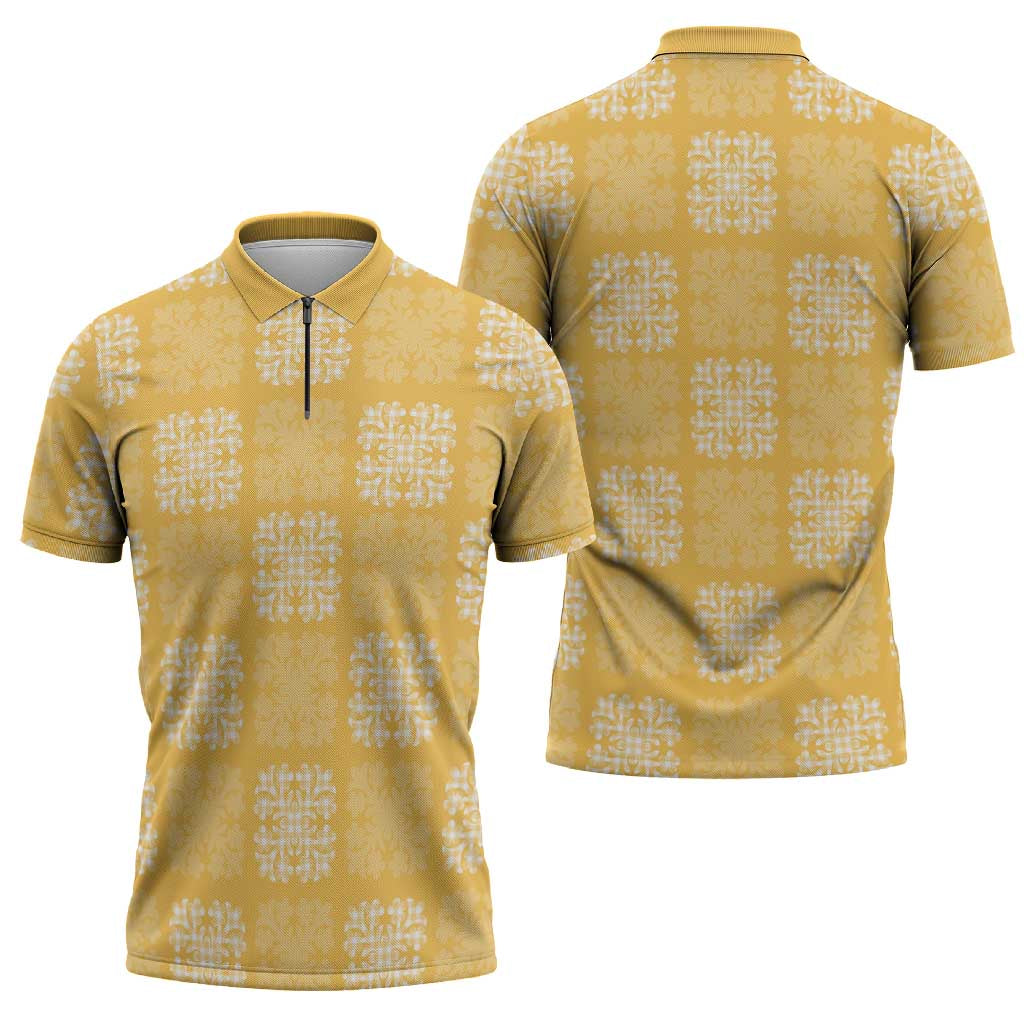 Yellow Palaka Quilt Hawaii Zipper Polo Shirt Traditional Hawaii-plaid Pattern - Polynesian Pride