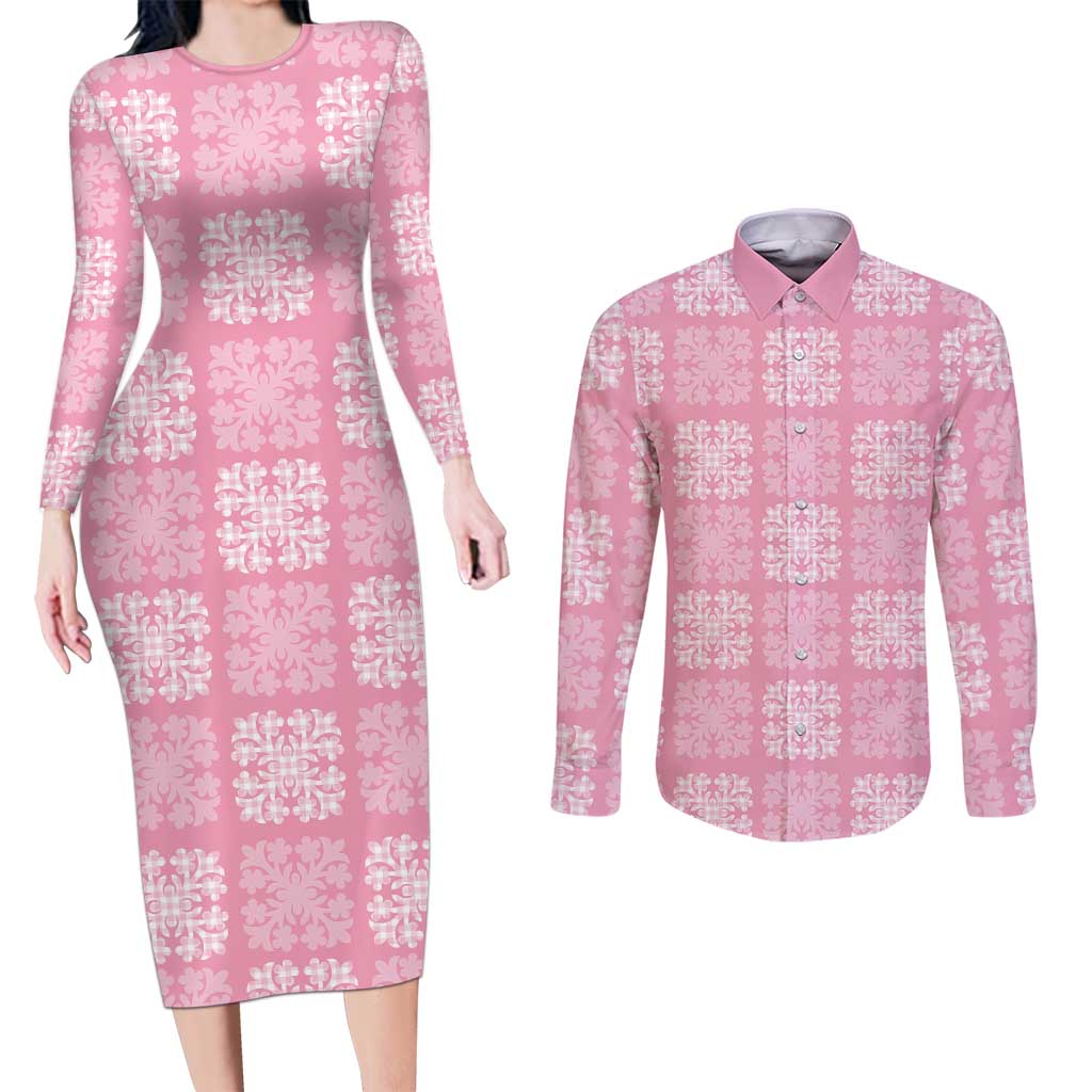Pink Palaka Quilt Hawaii Couples Matching Long Sleeve Bodycon Dress and Long Sleeve Button Shirt Traditional Hawaii-plaid Pattern - Polynesian Pride