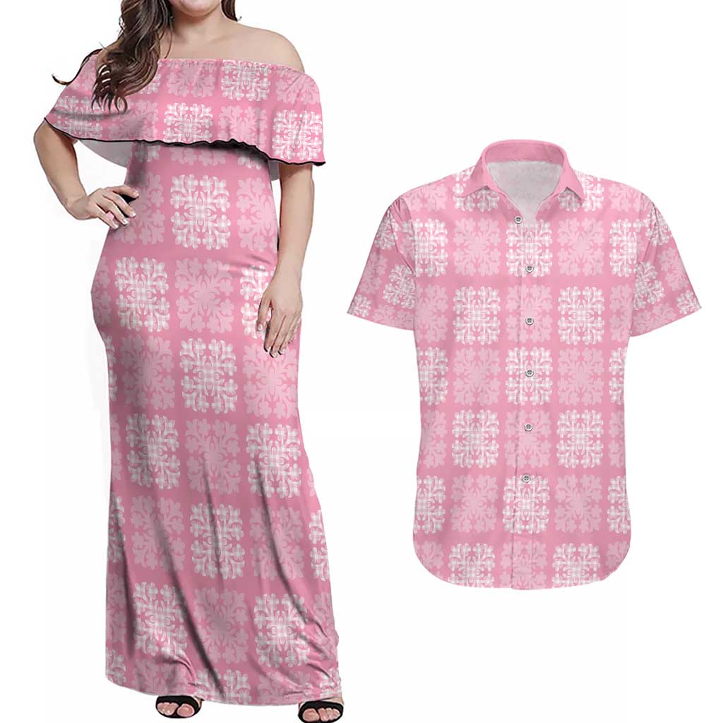 Pink Palaka Quilt Hawaii Couples Matching Off Shoulder Maxi Dress and Hawaiian Shirt Traditional Hawaii-plaid Pattern - Polynesian Pride