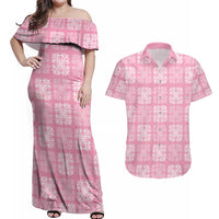 Pink Palaka Quilt Hawaii Couples Matching Off Shoulder Maxi Dress and Hawaiian Shirt Traditional Hawaii-plaid Pattern - Polynesian Pride
