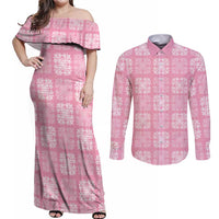 Pink Palaka Quilt Hawaii Couples Matching Off Shoulder Maxi Dress and Long Sleeve Button Shirt Traditional Hawaii-plaid Pattern - Polynesian Pride