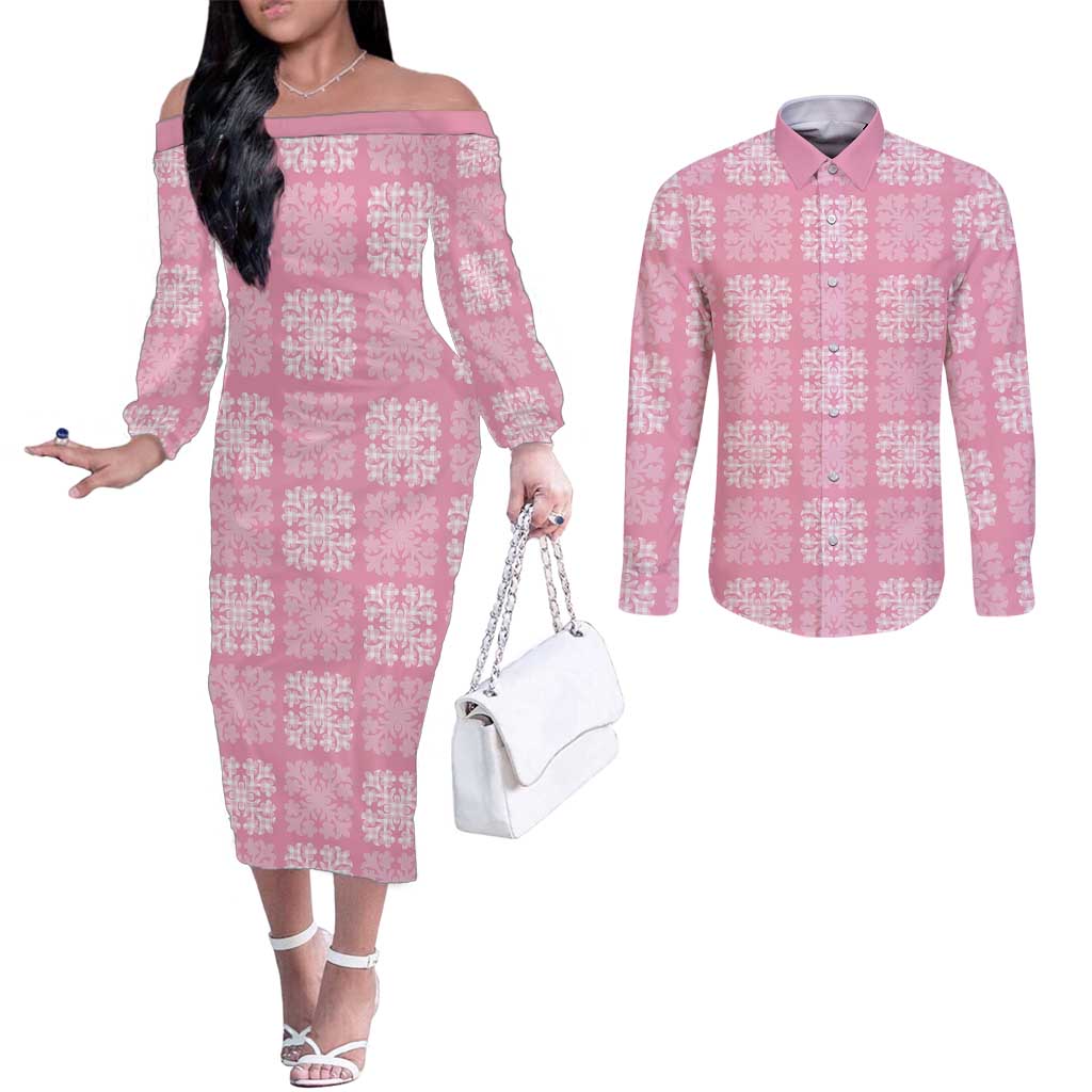 Pink Palaka Quilt Hawaii Couples Matching Off The Shoulder Long Sleeve Dress and Long Sleeve Button Shirt Traditional Hawaii-plaid Pattern - Polynesian Pride