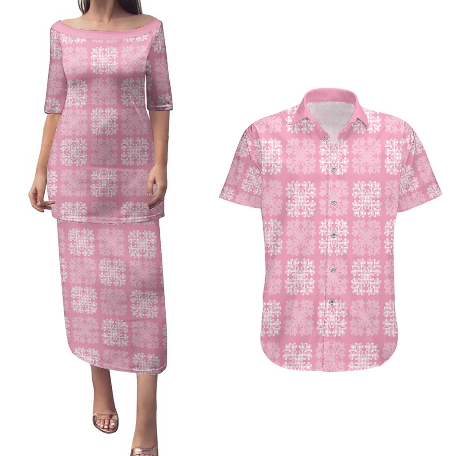 Pink Palaka Quilt Hawaii Couples Matching Puletasi and Hawaiian Shirt Traditional Hawaii-plaid Pattern LT14 Pink - Polynesian Pride